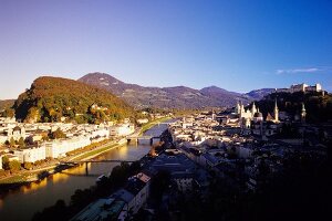 Aerial view of Salzach river and old town, Salzburg, Austria