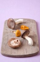 Variety of mushroom on wooden board on pink background