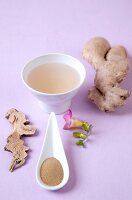 Japanese kampo medicine with ginger and flower on purple background