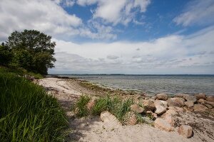 View of Baltic Sea Coast with dirt track and stones at Harbernis, Germany