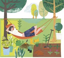 Illustration of woman relaxing on hammock in garden