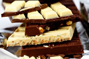 Close-up of white and dark chocolate bars