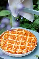 Apricot peach crostata in baking dish