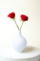 Close-up of two red roses in white vase