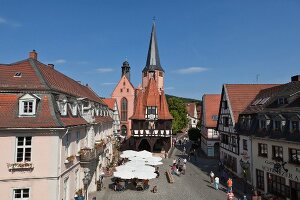 View of market square near City hall in Michel City, Odenwald, Hesse, Germany