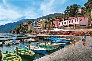 View of restaurant and lounge in Ascona, Ticino, Switzerland