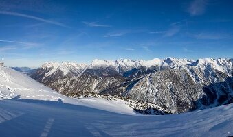 View of mountain range with snow in Leutaschtal, Tirol, Austria