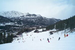 View of skiers skiing downhill in Hemsedal, Norway