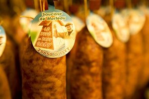 Sausages hanging at butcher store in Franche-Comte, Gilley