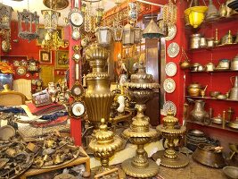 Different antique gold plated vessels at display, Istanbul Grand Bazaar, Istanbul, Turkey