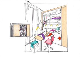 Illustration of sewing machine table integrated in wall unit in hobby room