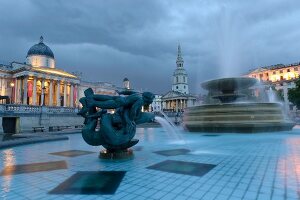 View of National Gallery at Trafalgar Square and St Martin-in-the-Fields, London, UK