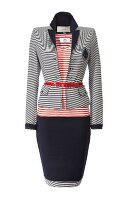 Black and white striped blazer, skirt with red striped top and belt