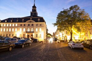 Illuminated exterior of Old Town hall in Saarbrucken, Saarland, Germany