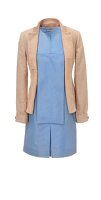 Beige blazer over pastel blue cotton dress with apron against white background