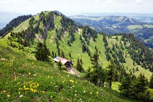 View of mountain hut Staufner house, Oberstaufen, Bavarian Swabia, Germany