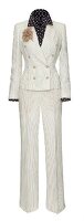 Linen striped pinstripe suit with silk blouse on white background