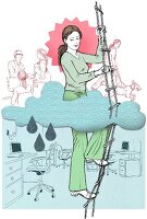 Illustration of woman climbing up ladder through a cloud with against various scenarios