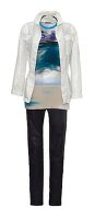 White linen jacket with silk shirt and printed leggings on white background