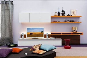 Living room with flat Television, cushion and shelves on wall