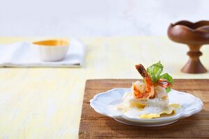 Turbot with prawns on lobster ravioli (Portugal)