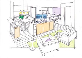 Illustration of dining area and living room with television and sitting area