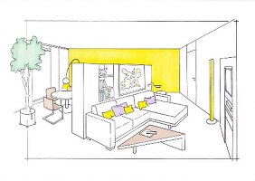 Illustration of diagonal living room, dining room and lounge area