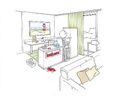 Illustration of game room, living room with nursery and toys