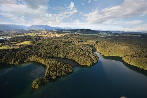 View of castle Hartmannsberg around Eggstatt Hemhofer Lake in Bavaria, Germany