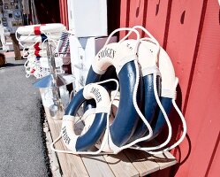 Blue life rings at harbour, Fiskebackskil, Sweden