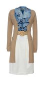 Jeans blouse with ruffled collar, cashmere cardigan and cotton skirt on white background
