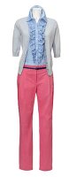 Pink chinos and gray cardigan over frilly blouse on mannequin against white background