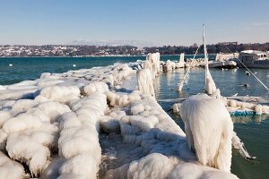 View of harbor with ice in Lake Geneva, Geneva, Switzerland