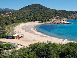 View of beach Baia Chia on the southern coast of Sardinia, Italy