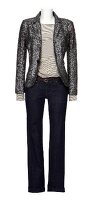 Black sequined blazer with patterned top and black jeans on white background