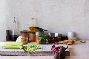 An arrangement of ingredients and vegetables for slow cooking