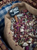 Sack of dried Melange in Souk El Tayeb organic market, Beirut, Lebanon