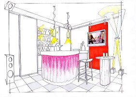 Illustration of party room with bar counter
