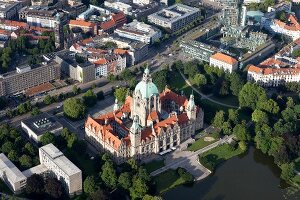 Aerial view of Maschpark, Maschteich and New Town Hall in Hannover, Germany