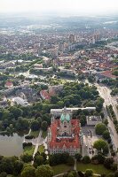 Aerial view of Maschpark, Maschteich and New Town Hall in Hannover, Germany