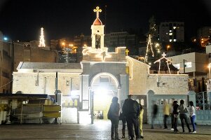 Facade of Gabriel church during Christmas time at night, Nazareth, Israel