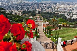 People at Shrine of the Bab and view of Bahai Garden from Mount Carmel, Haifa, Israel