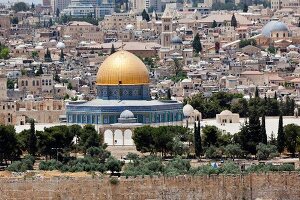 View of Temple Mount, Dome of the Rock, Old City and Mount of Olives in Jerusalem, Israel