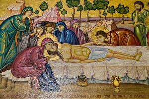 Wall mosaic of anointing Christ at Holy Sepulchre, Jerusalem, Israel