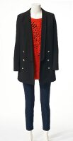 Oversize blazer with red sweater and jeans on mannequin