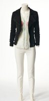 Leather jacket, transparent top and white jeans on mannequin