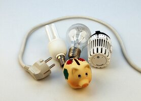 Energy saving bulbs, piggy bank, heating controller and power cable on white background