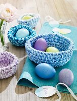 Crocheted Easter baskets filled with eggs