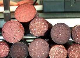 Slices of horse salami sausages at Pferdemetzgerei Worle Kaspar in Munich, Germany