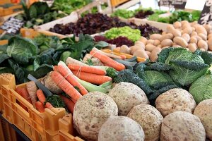 Fresh vegetables on market stall at Stuttgart Market Hall, Baden-Wurttemberg, Germany